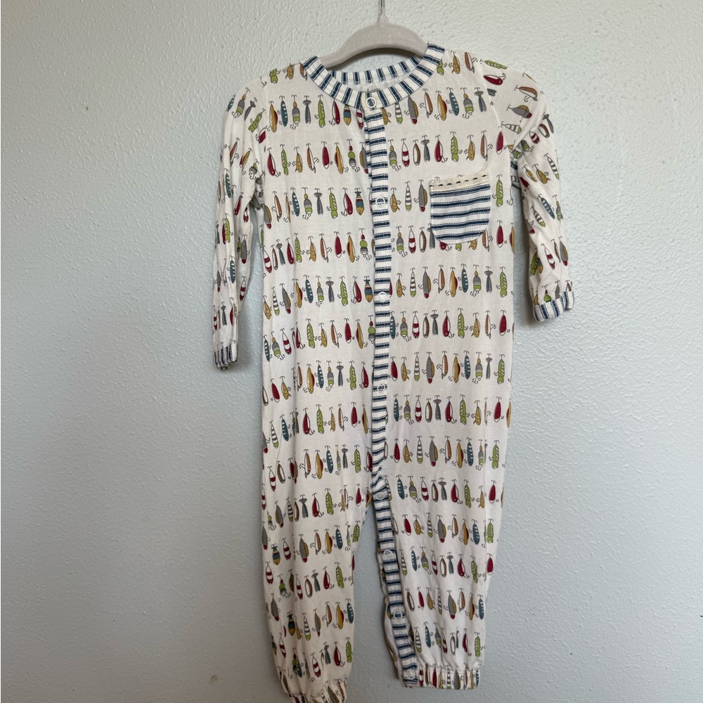 Mud Pie Cream Romper with Multicolor Fish and Navy Stripe Trim